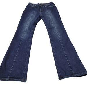 Vibrant MIU high rise flare jeans seamed boho dark wash long